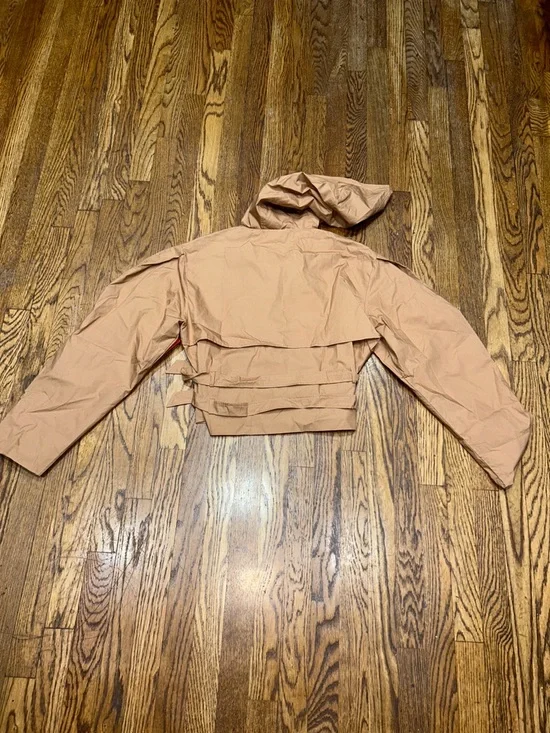 Cropped Double-Breasted Belted Trench Jacket with Hood- Camel - Picture 5 of 10